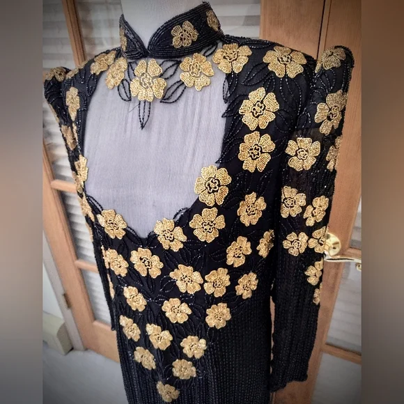 Brand New Hand Beaded Gown, Black and Gold, by Fleur de Paris, New Orleans - Picture 7 of 16